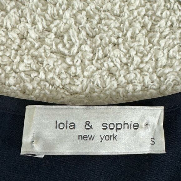 Lola & Sophie Blouse Womens Size Small V Neck tie front Polly Chiffon Navy Blue - Picture 8 of 10